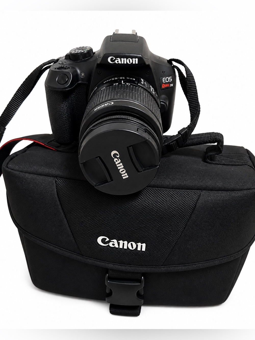 Canon T6 DSLR Camera with Black Lens and Bag